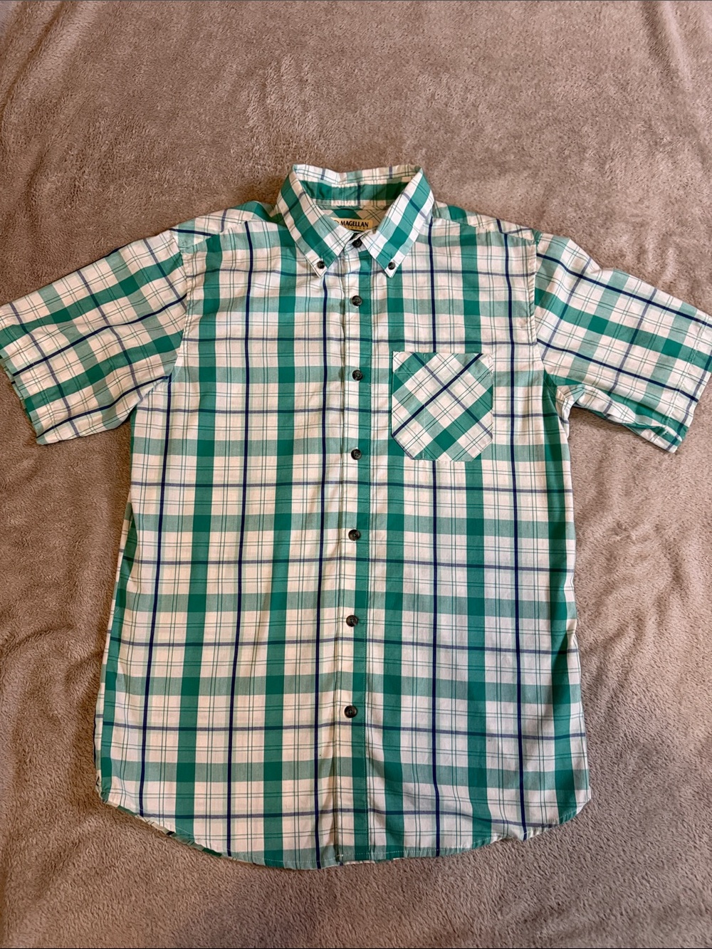 Magellan Outdoors Green, White & Blue Plaid Button-Down Shirt